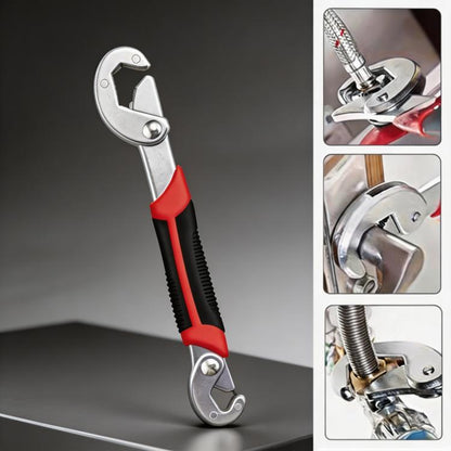8-inch adjustable multi-function wrench with silver jaws and red-and-black handle