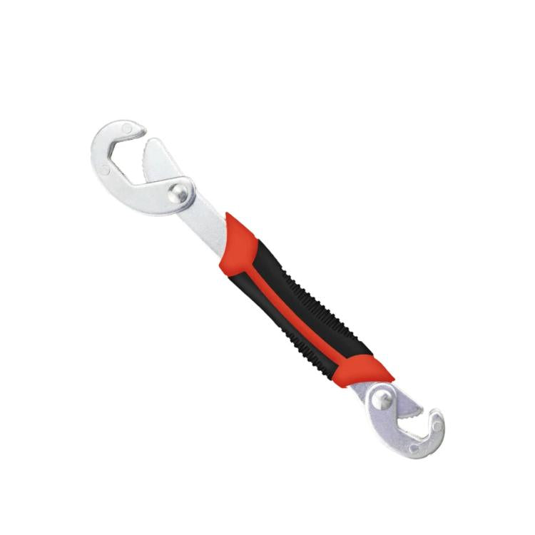 Adjustable multi-function wrench with silver jaws and red-and-black non-slip handle