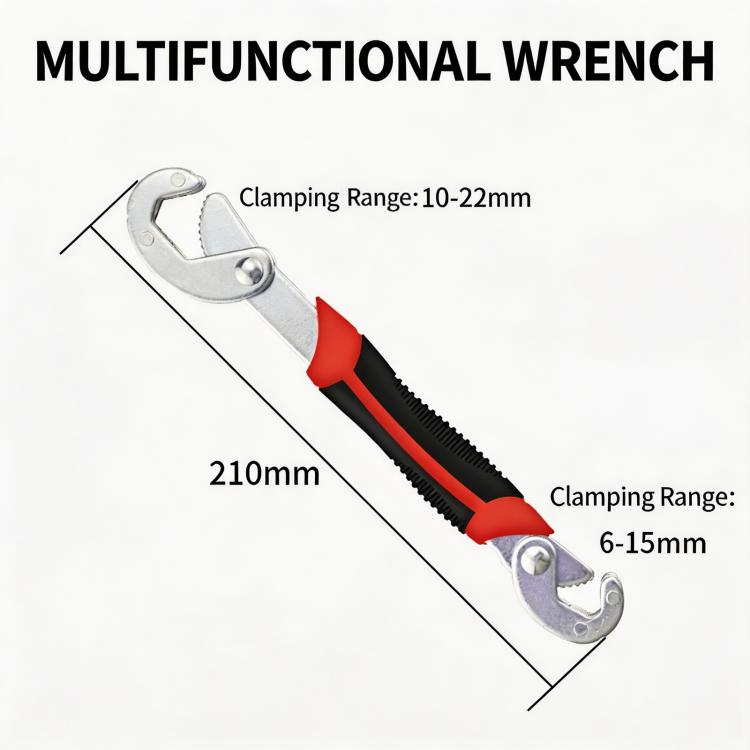 Adjustable multi-function wrench with clamping jaws and red-and-black ergonomic handle
