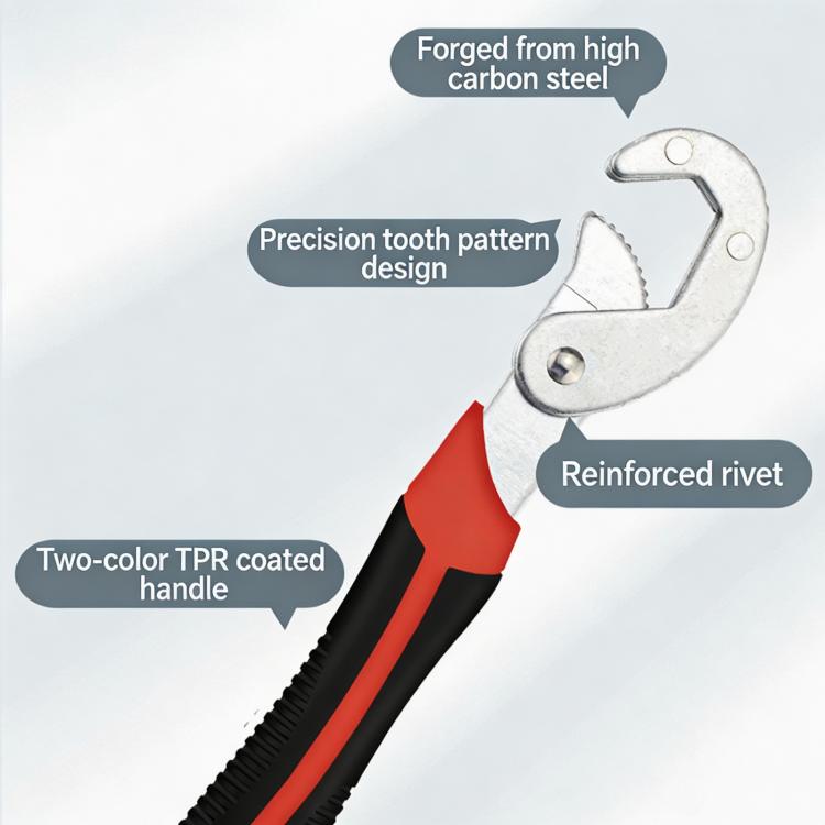 Multi-function wrench head with serrated jaws and reinforced rivet; red-and-black handle
