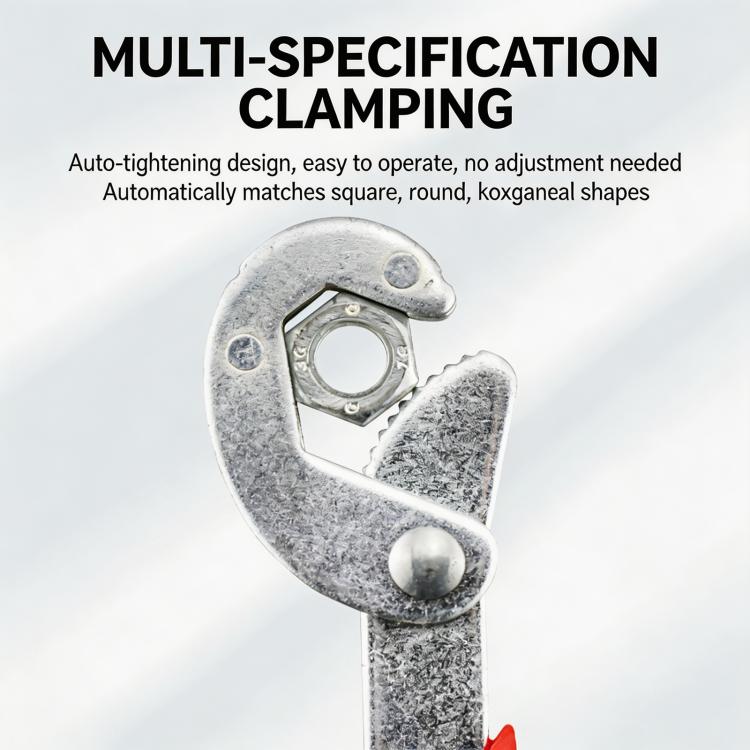 Adjustable clamping wrench head with toothed jaws and silver finish; red-and-black handle