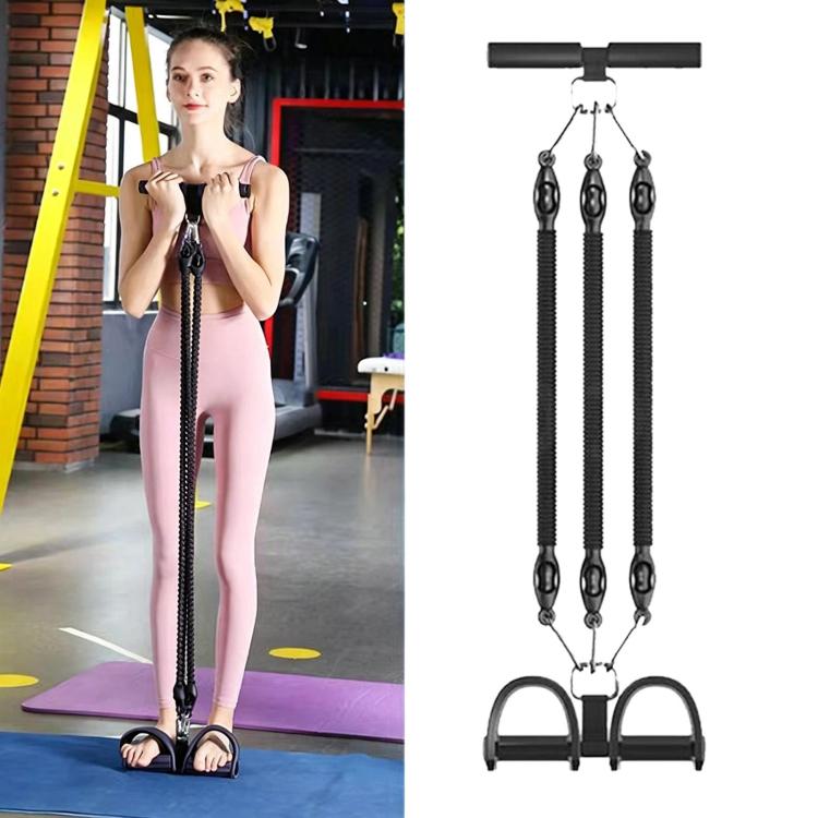 Black sit-up assist foot pedal resistance band with 3 cord straps and handlebar