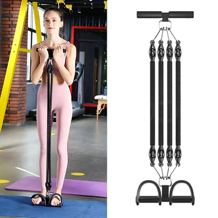 Black sit-up assist foot pedal resistance band with 4 cord straps and handlebar