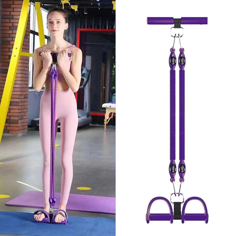 Purple sit-up assist foot pedal resistance band with 2 cord straps and handlebar