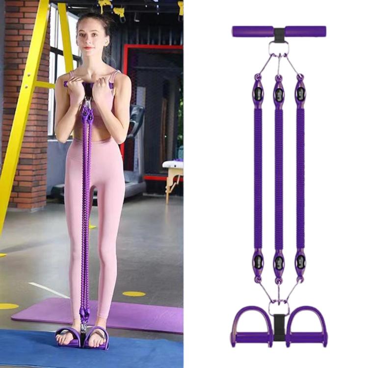 Purple sit-up assist foot pedal resistance band with 3 cord straps and handlebar