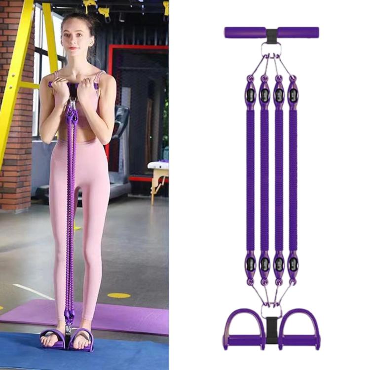Purple sit-up assist foot pedal resistance band with 4 cord straps and handlebar