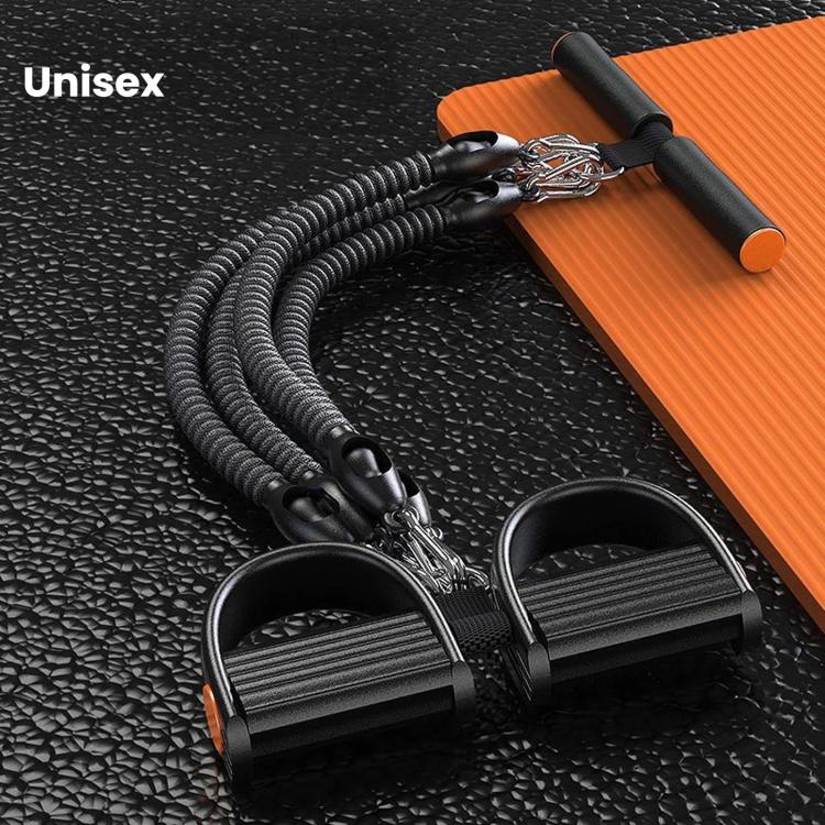 Black resistance band with U-shaped foot pedals and cord ankle straps with hooks