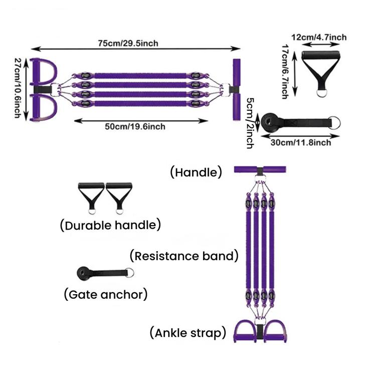 Purple foot pedal resistance band with handlebar, 4 cord bands, and ankle straps