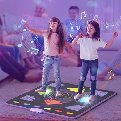 Kids light-up dance mat with glowing arrow tiles and center footpad, wireless music host