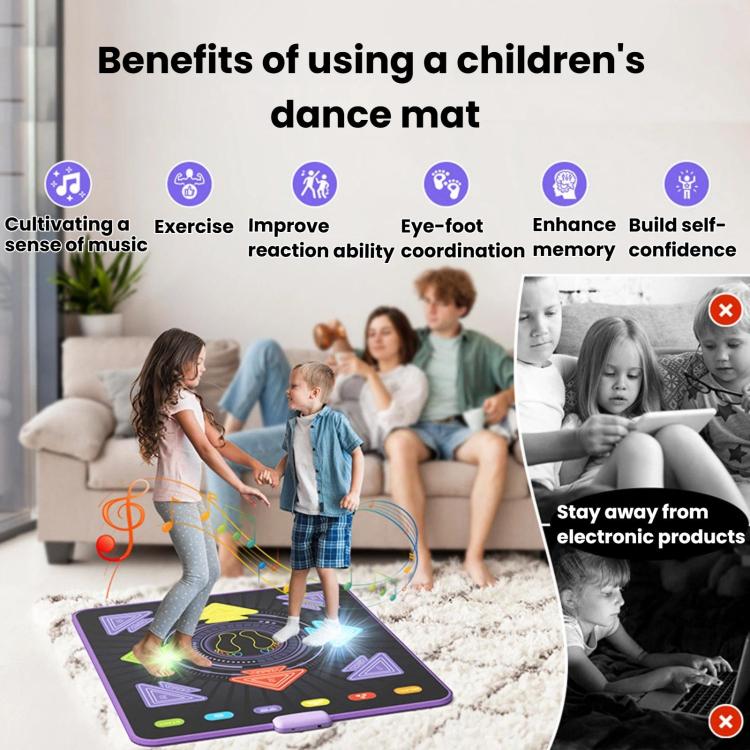 Kids light-up dance mat on carpet with glowing step lights and wireless music host