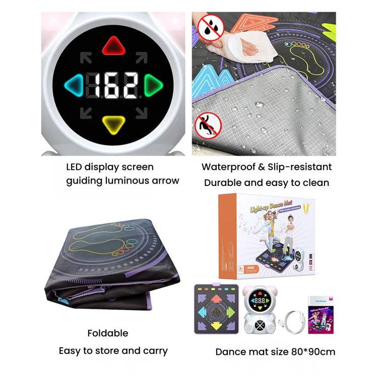 Foldable waterproof dance mat with light-up surface and LED controller screen with arrows