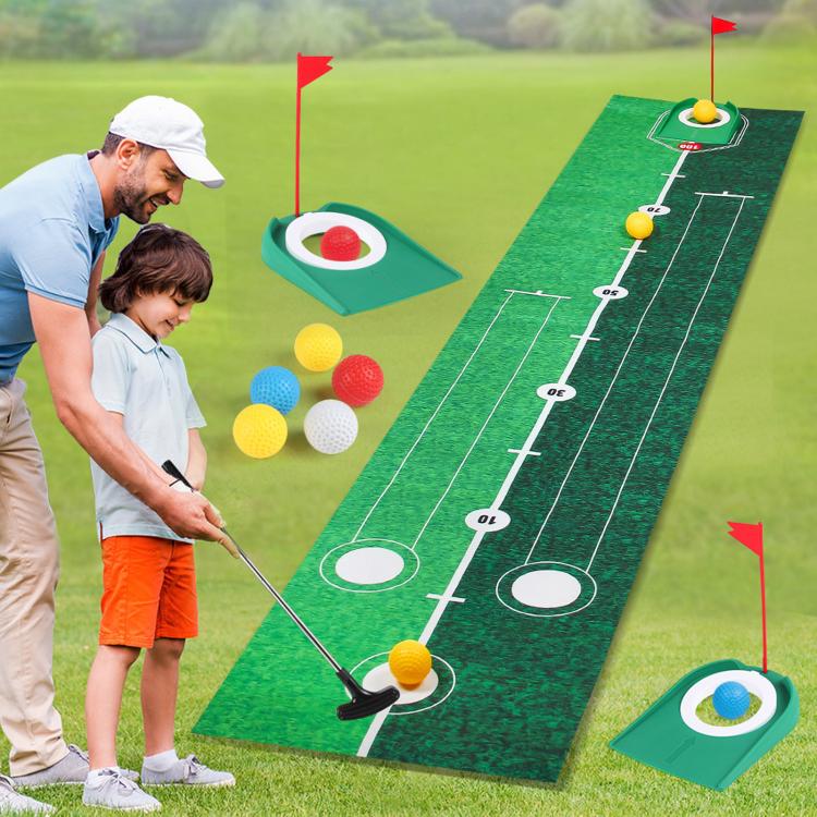 Kids golf putting practice mat with green lanes, target holes, flags, and colorful balls