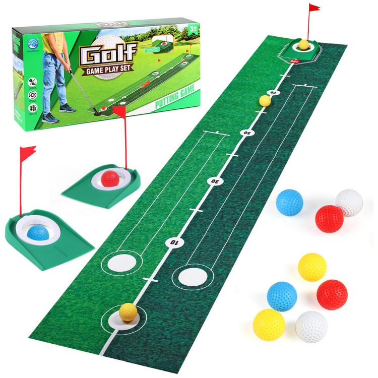 Kids golf putting practice mat set with mat, cup targets, golf putter, and multi-color balls