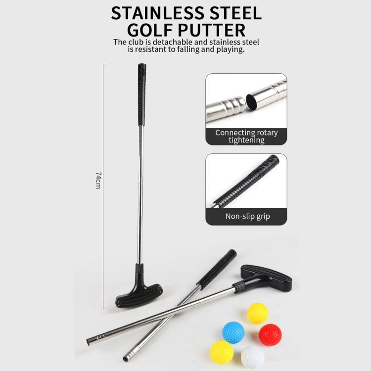 Stainless steel golf putter with non-slip handle and matching practice mat balls
