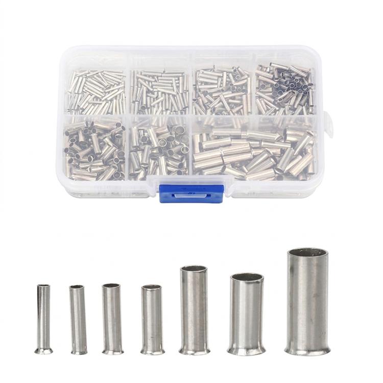 Tubular bare crimp terminals, assorted silver pieces in a storage box