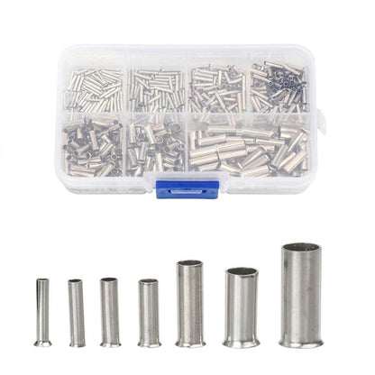 Tubular bare crimp terminals, assorted silver pieces in a storage box