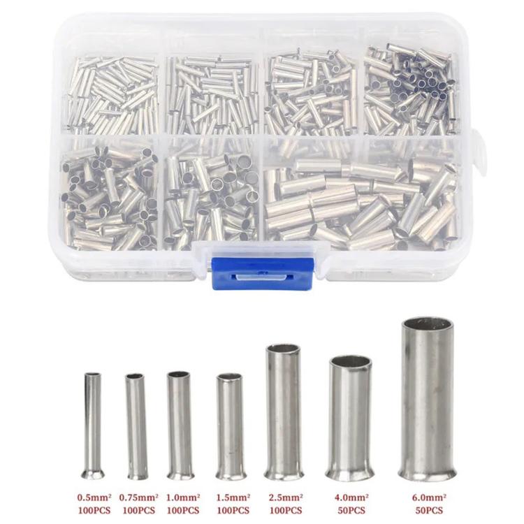 Tubular bare crimp terminal assortment kit with various sizes, silver metal tubes