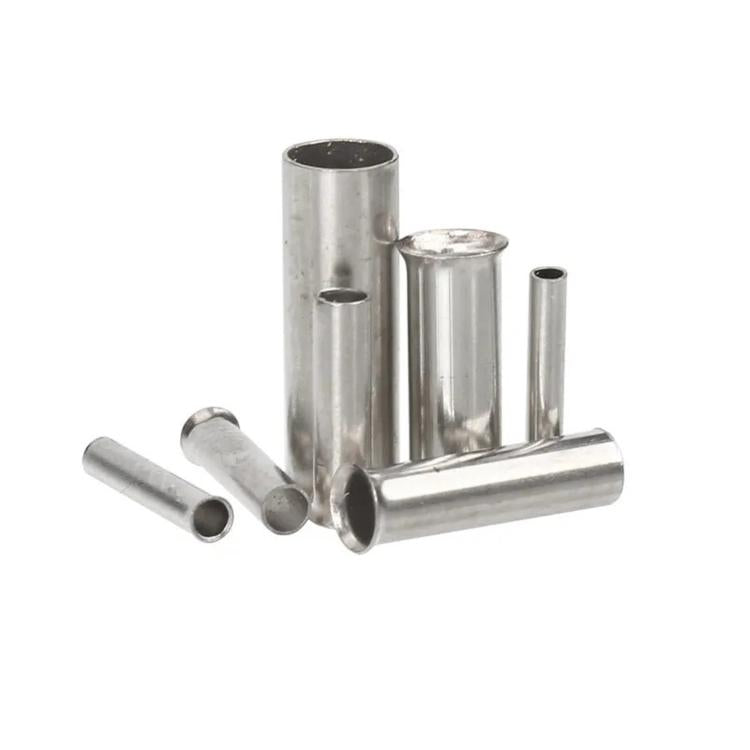 Tubular bare crimp connectors, silver metal sleeves with open ends