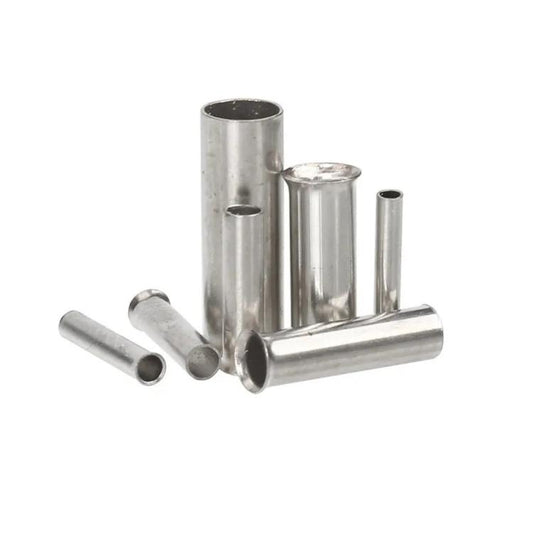Tubular bare crimp connectors, silver metal sleeves with open ends