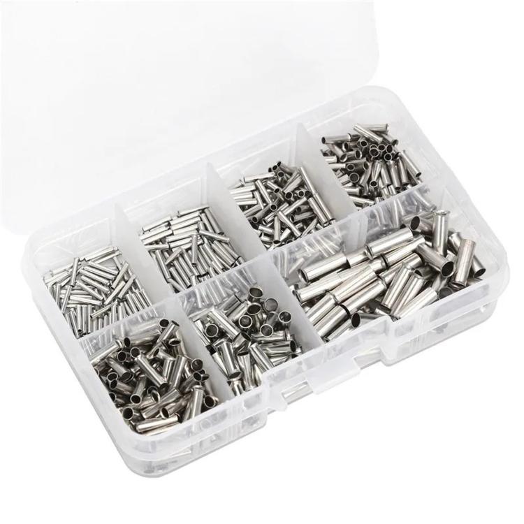 Tubular bare crimp terminal assortment in a clear organizer tray, silver pieces