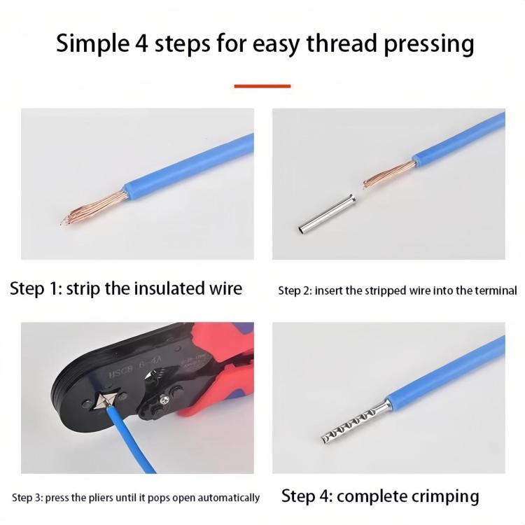 Crimping tubular bare terminals on stripped wire, insertion and completed crimp