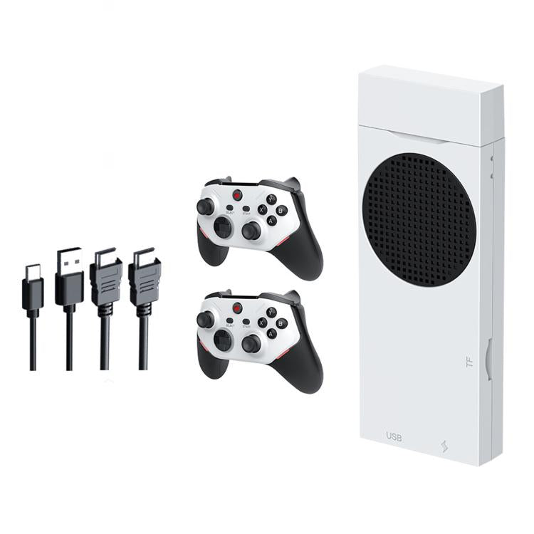 White game console stand with two black-and-white controllers and charging cables