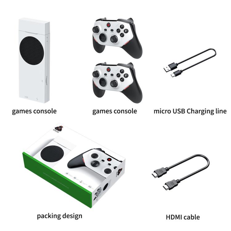 White game console with two controllers plus micro USB charging cable and HDMI cable