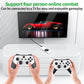 Two hands holding game controllers connected to a TV gameplay screen
