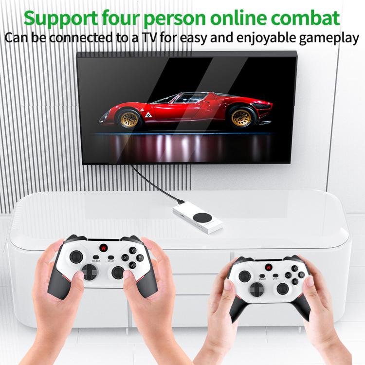 Two hands holding game controllers connected to a TV gameplay screen