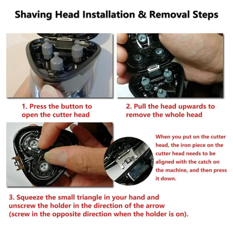 PUKEDA shaver head installation steps diagram with cutter head removal and alignment