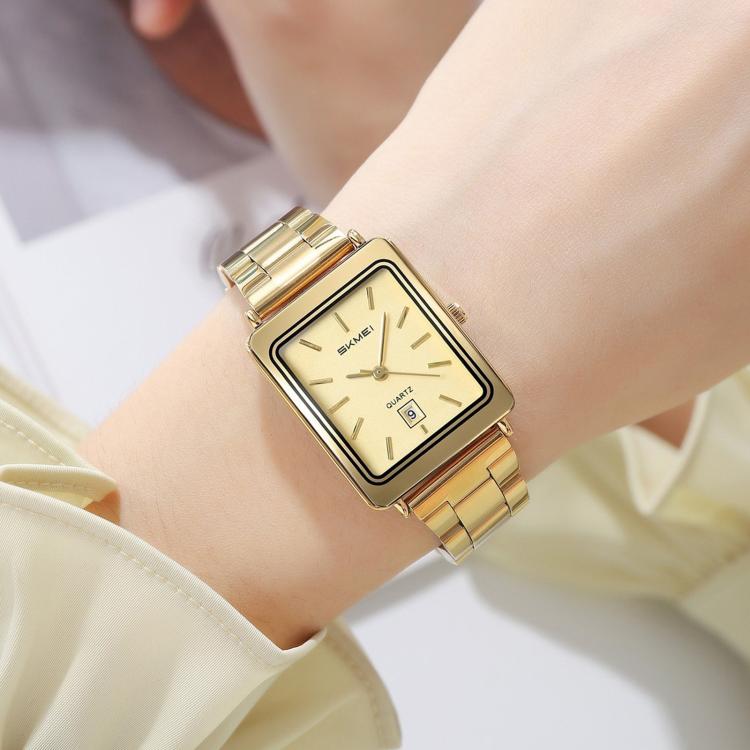 Women’s gold square business watch with steel bracelet and cream dial
