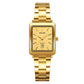 Women’s gold square watch with steel bracelet and gold dial, quartz calendar