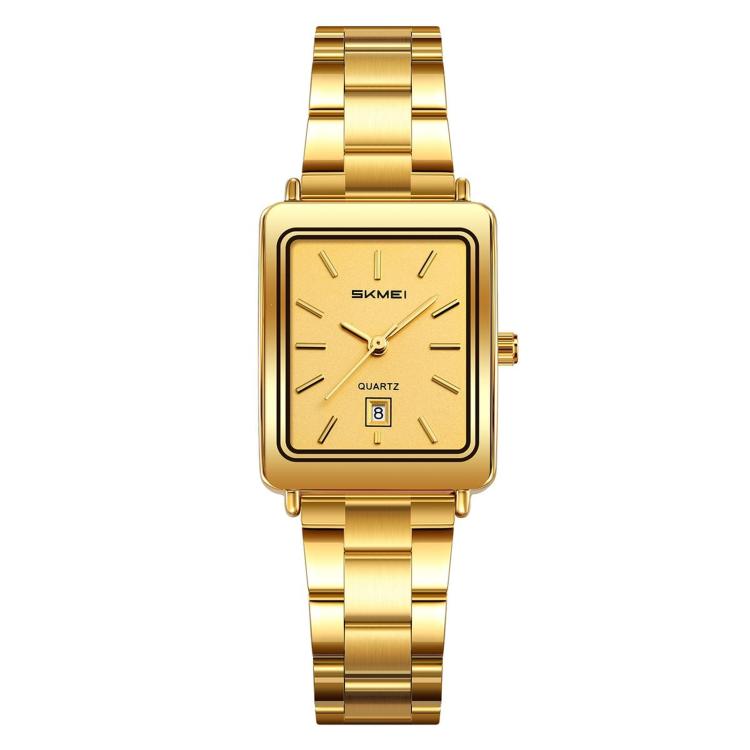 Women’s gold square watch with steel bracelet and gold dial, quartz calendar