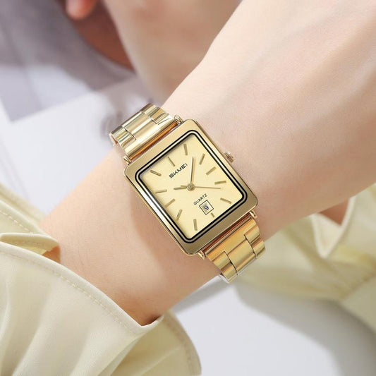 Women’s gold square business watch with steel bracelet and cream dial