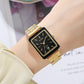 Women’s gold square watch with black dial, steel bracelet and calendar window