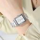 Women’s silver square watch with steel bracelet and white dial