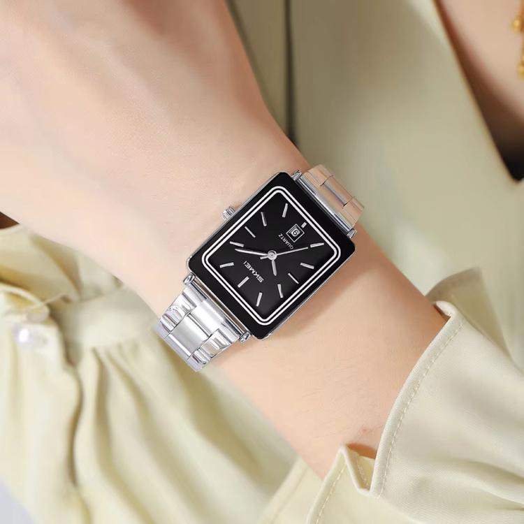 Women’s silver square watch with black dial and steel bracelet