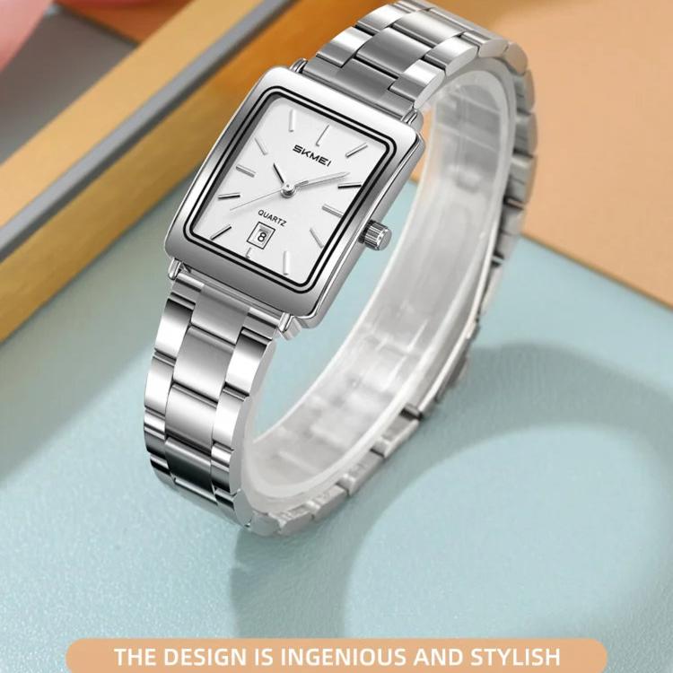 Women’s silver square watch with white dial and stainless steel bracelet