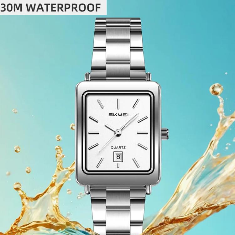 Women’s silver square business watch with steel bracelet and white dial