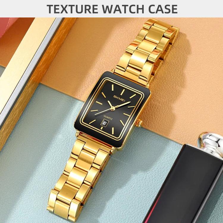 Women’s gold square watch with black dial and steel bracelet