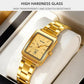 Women’s gold square watch with cream dial and steel bracelet on cushion
