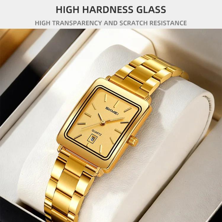 Women’s gold square watch with cream dial and steel bracelet on cushion