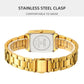 Women’s gold square watch clasp view with steel bracelet