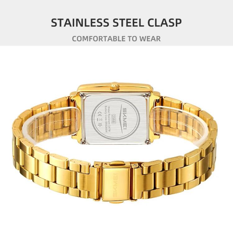 Women’s gold square watch clasp view with steel bracelet