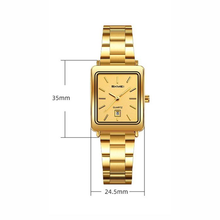 SKMEI women’s vintage square watch, gold-tone steel strap, gold dial, date window