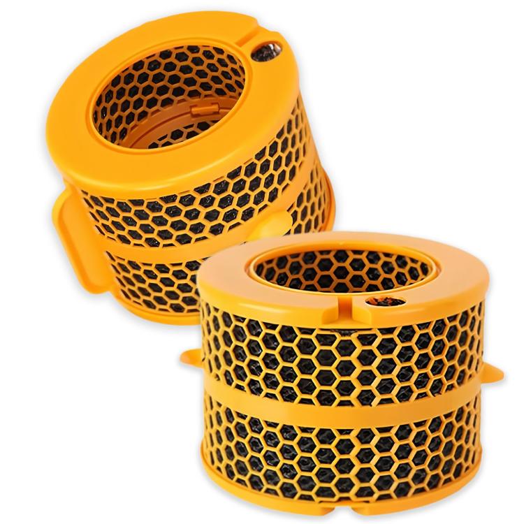Two yellow hex-mesh carbon fiber replacement filter cartridges, side-by-side