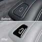 Door switch area with black sticker showing white arrow icon on light gray trim