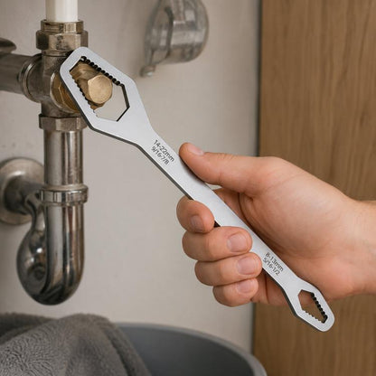 Universal double-ended Torx wrench with serrated self-tightening adjustable jaws