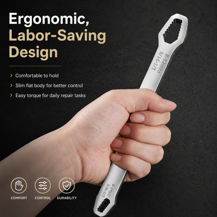 Ergonomic adjustable double-ended wrench with serrated grip jaws