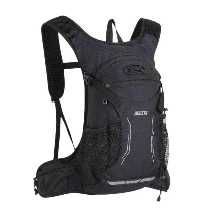 Black cycling backpack with mesh panels, front zip pocket, and shoulder straps.